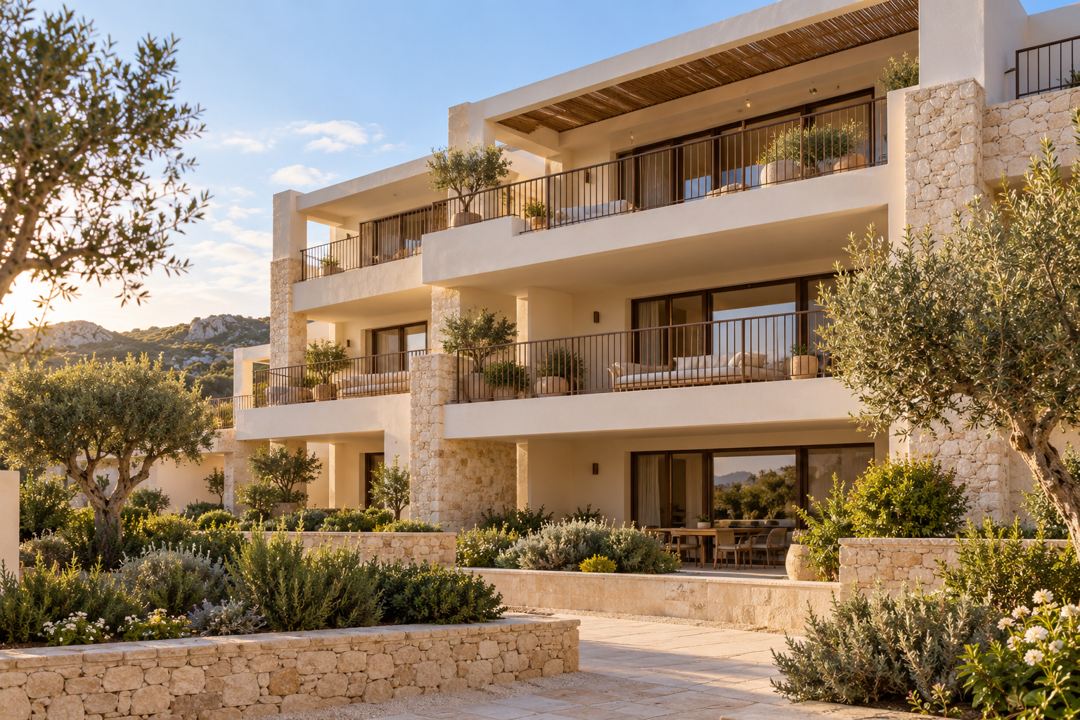Immagine illustrativa di una residenza mediterranea con terrazze e giardino